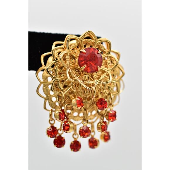 Vintage Dangle Clip On Earrings Coral Rhinestone Crystal Chandelier 1980s BinW - Picture 7 of 12